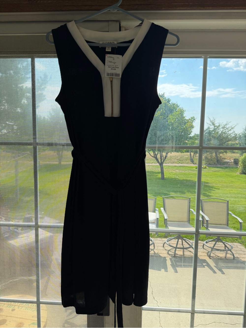Soho Black Dress with White Trim - V-Neck Tie-Waist. Bin 115.